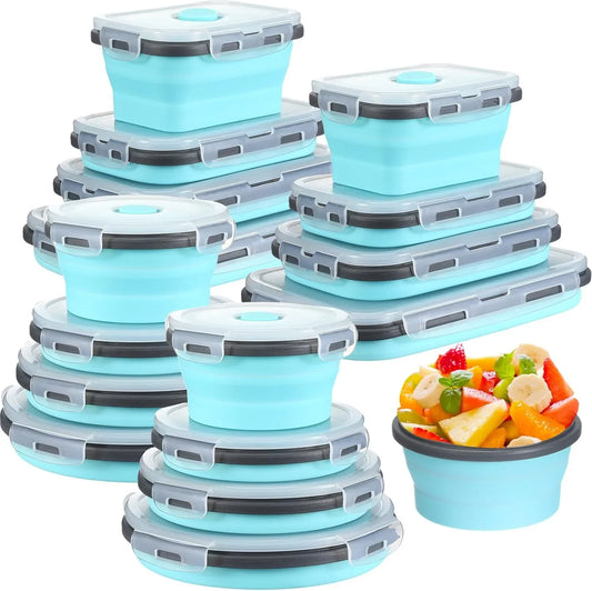 16 Pack Collapsible Food Storage Containers with Lid Foldable 8 Pcs Rectangle Storage Bowl and 8 Pcs round Silicone Food Bow for Lunch Rv Accessories Microwave Freezer Safe(Gray, Blue)