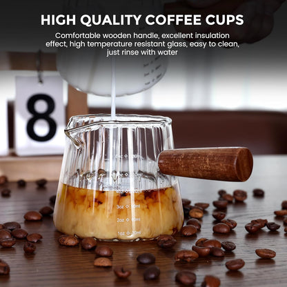 2 PCS Espresso Measuring Cup 6 Oz, Espresso Glass Cups with Wood Handle, Milk Frothing Cup, Espresso Cup for Coffee, Milk, Tea or Maple Syrup Serving