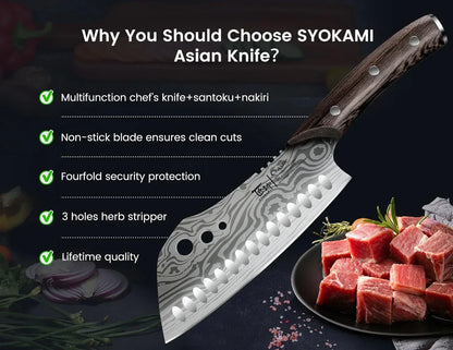 Asian chef knife with patterned blade, wooden handle, herb stripper holes, and sliced meat.