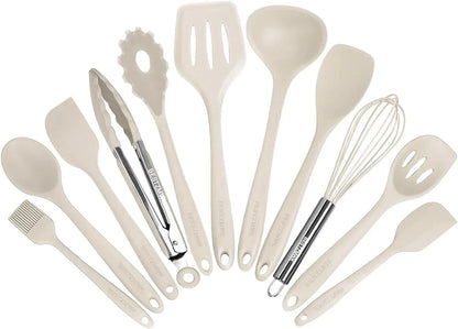 Kitchen Utensil Set - 11 Cooking Utensils - Colorful Silicone Kitchen Utensils - Nonstick Cookware with Spatula Set - Colored Best Kitchen Tools Kitchen Gadgets (Khaki)