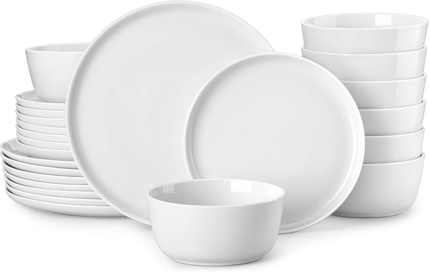 24 Pieces Gourmet Porcelain Dinnerware Sets, Premium Plates and Bowls Set, High-Fired Ceramic Dishes Set for 8, Chip & Scratch Resistant, Microwave Dishwasher Safe, White, Series LEXI