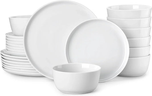 24 Pieces Gourmet Porcelain Dinnerware Sets, Premium Plates and Bowls Set, High-Fired Ceramic Dishes Set for 8, Chip & Scratch Resistant, Microwave Dishwasher Safe, White, Series LEXI