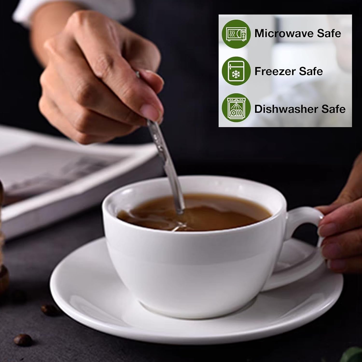 11 Oz White Cappuccino Mug- Large Ceramic Coffee Cup with Saucer - Microwave and Dishwasher Safe, Perfect for Tea, Espresso, Latte - Porcelain Set for Kitchen or Cafe, Baristas, Great Gift