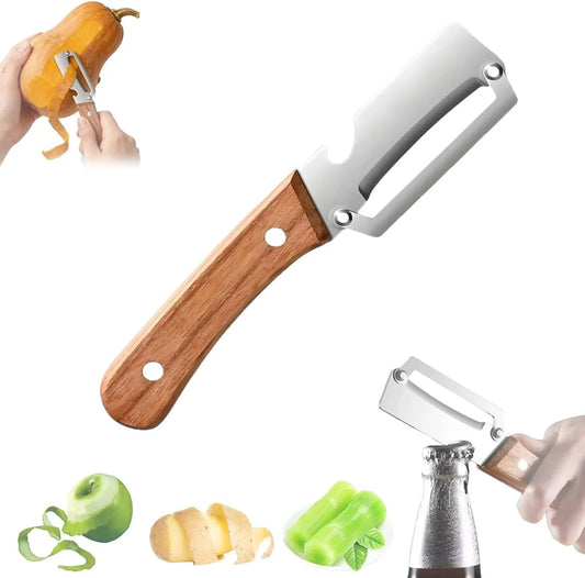 Multipurpose kitchen peeler and bottle opener with wooden handle, shown peeling squash, apple, potato, celery, and opening a bottle.