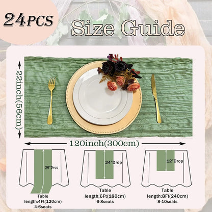 24 Pack Sage Green Cheesecloth Table Runner Rustic Gauze 22X120 Inch Long Table Runner for Wedding Bridal Shower Birthday Party Banquet Boho Decoration(#29)