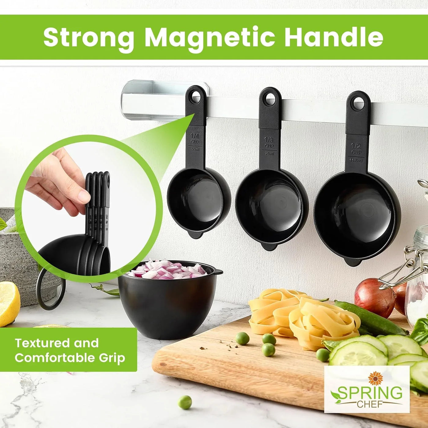 Magnetic Measuring Cups and Spoons Set of 9, Nesting Kitchen Tool with Easy to Read Markings for Measuring Dry or Liquid Ingredient, BPA Free, Black