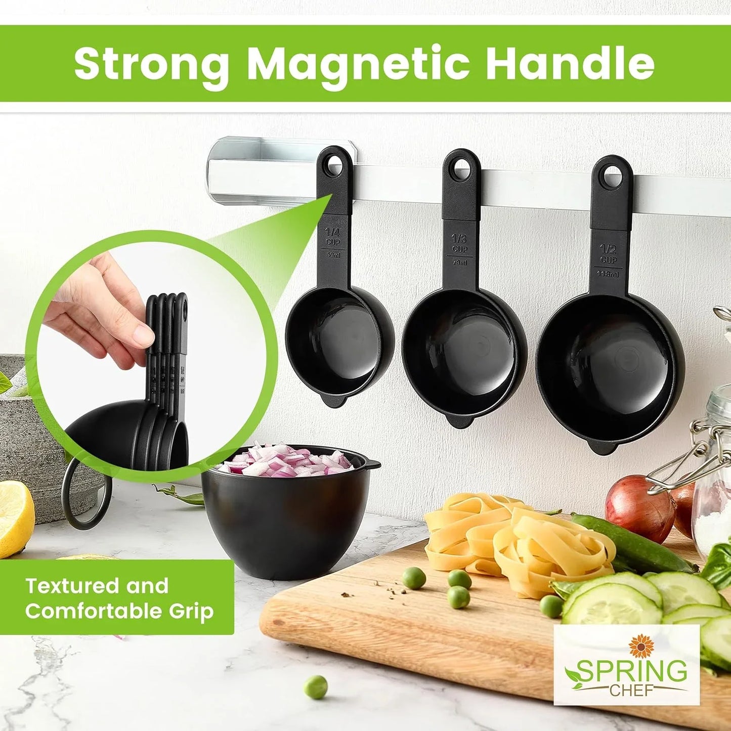 Magnetic Measuring Cups and Spoons Set of 9, Nesting Kitchen Tool with Easy to Read Markings for Measuring Dry or Liquid Ingredient, BPA Free, Black