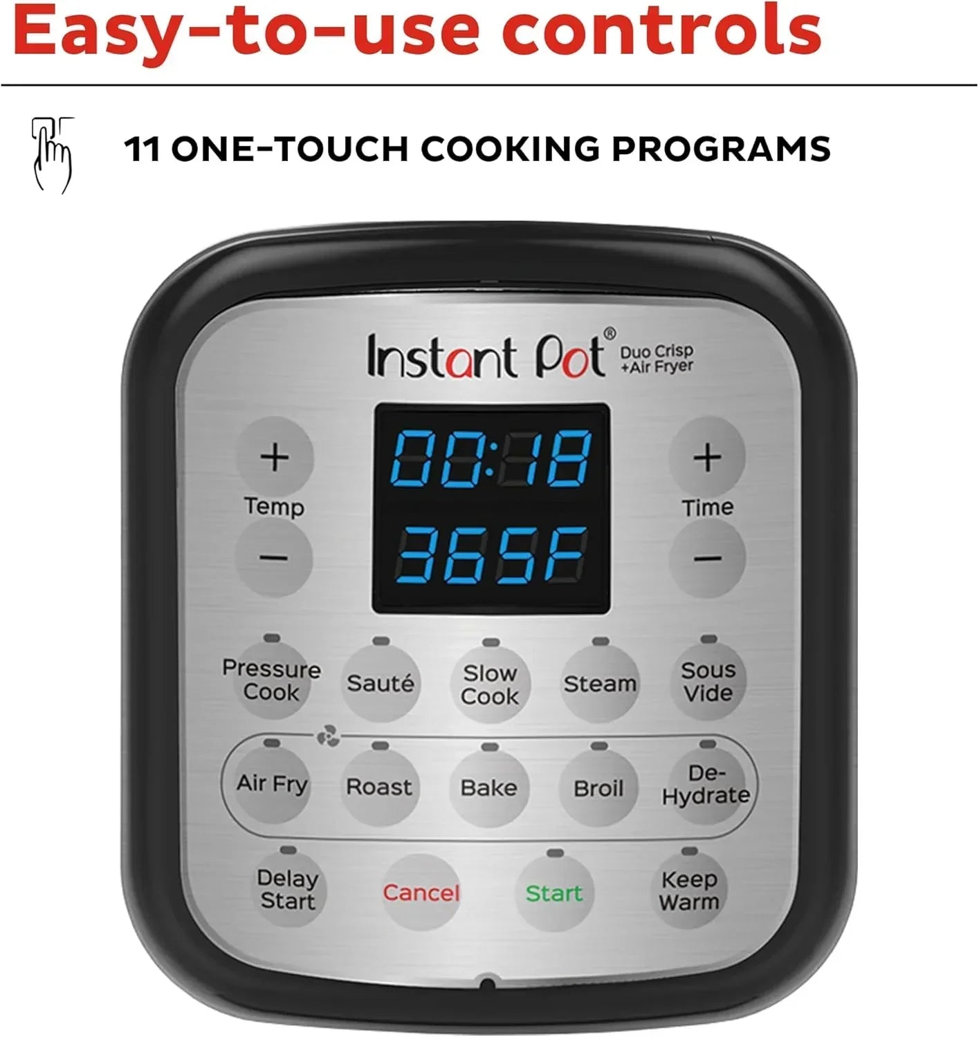 Instant Pot Duo Crisp control panel with 11 one-touch cooking programs for pressure cook, air fry, bake, and more