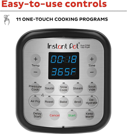 Instant Pot Duo Crisp control panel with 11 one-touch cooking programs for pressure cook, air fry, bake, and more