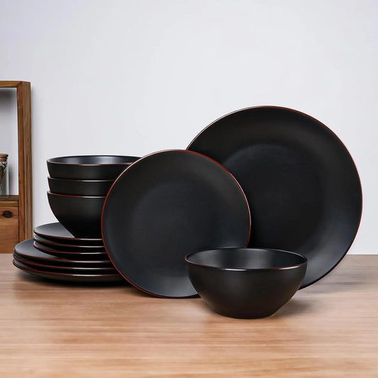 Venus Plates and Bowls Sets, 12 Pieces Stoneware Chip Resistant Dinnerware Dishes Set for 4, Matte Black - Microwave & Dishwasher Safe, Modern Minimalist, for Everyday Meals & Formal Dining