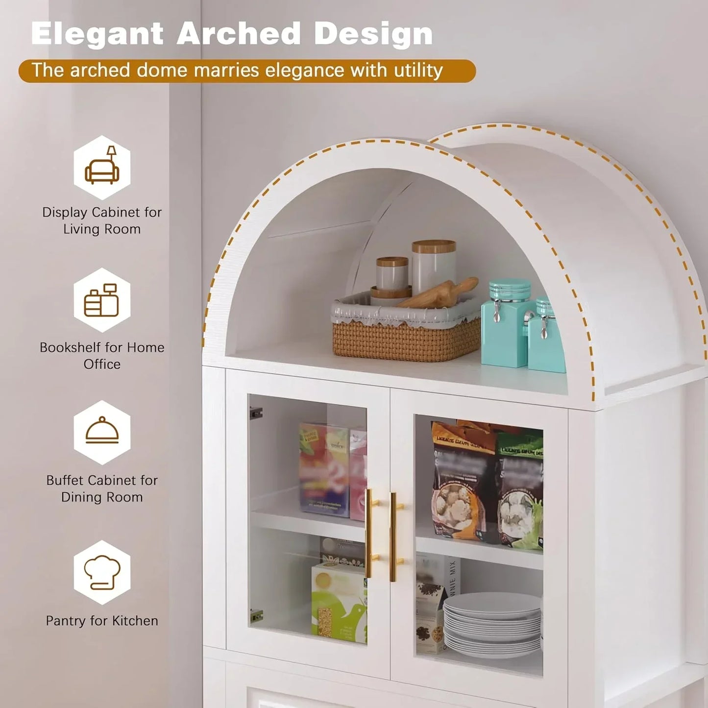 White arched kitchen pantry cabinet with glass doors, gold handles, and storage for dishes and food items
