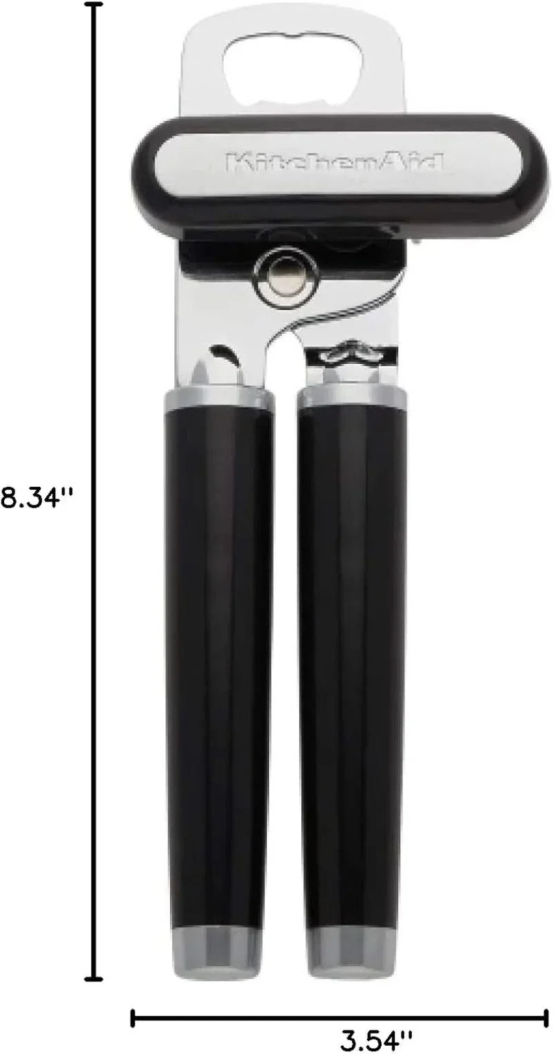 KitchenAid can opener with black handles, 8.34 inches tall, kitchen tool for easy can opening