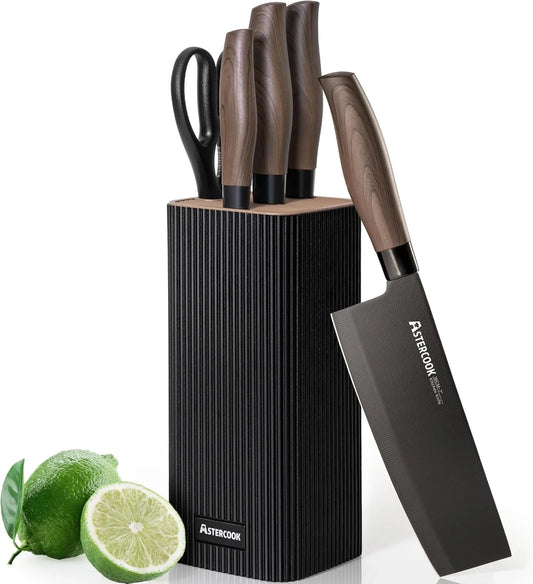 Knife Set, 6-Piece Kitchen Knife Set with Block, High Carbon Stainless Steel Ultra Sharp Kitchen Knives, Wood Grain Handle, Dishwasher Safe Knife Block Set, Black
