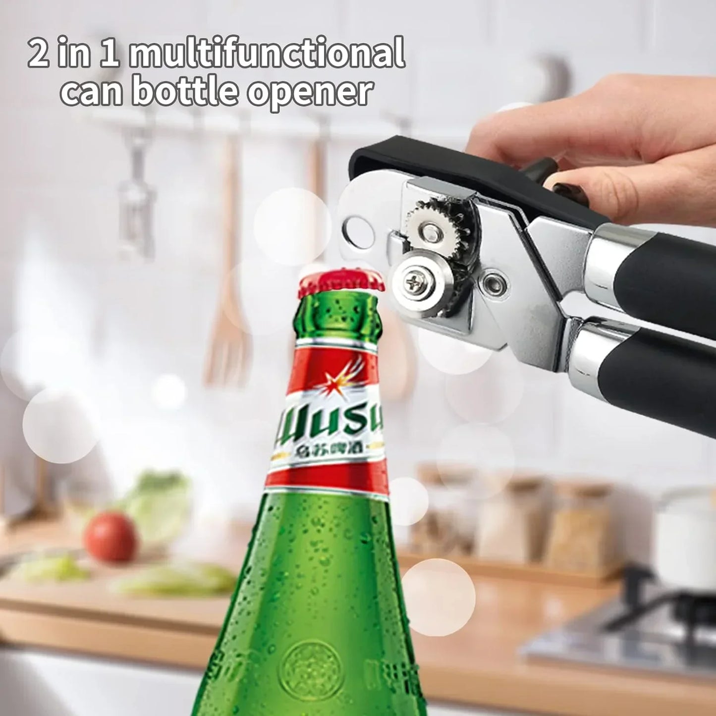 2-in-1 multifunctional can and bottle opener in kitchen, opening green beer bottle with black grip handles