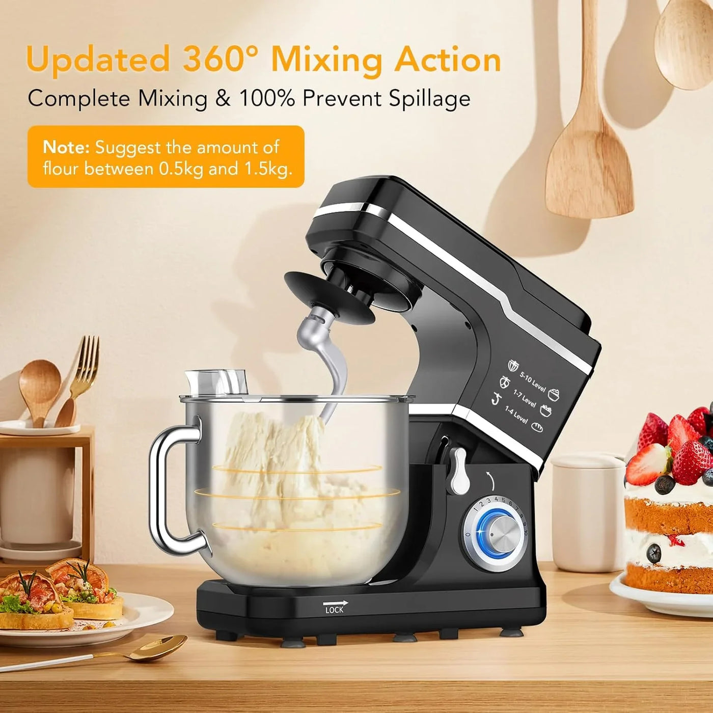 7.5 QT Stand Food Mixer, 10-Speed Tilt Head 3 In-1 Kitchen Electric Mixer with Stainless Steel Bowl, Egg Whisk, Dough Hook, Beater, Splash Guard, Compact Dough Mixer for Home Cooks, Black