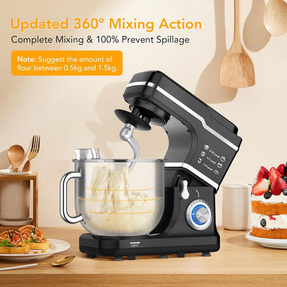 7.5 QT Stand Food Mixer, 10-Speed Tilt Head 3 In-1 Kitchen Electric Mixer with Stainless Steel Bowl, Egg Whisk, Dough Hook, Beater, Splash Guard, Compact Dough Mixer for Home Cooks, Black