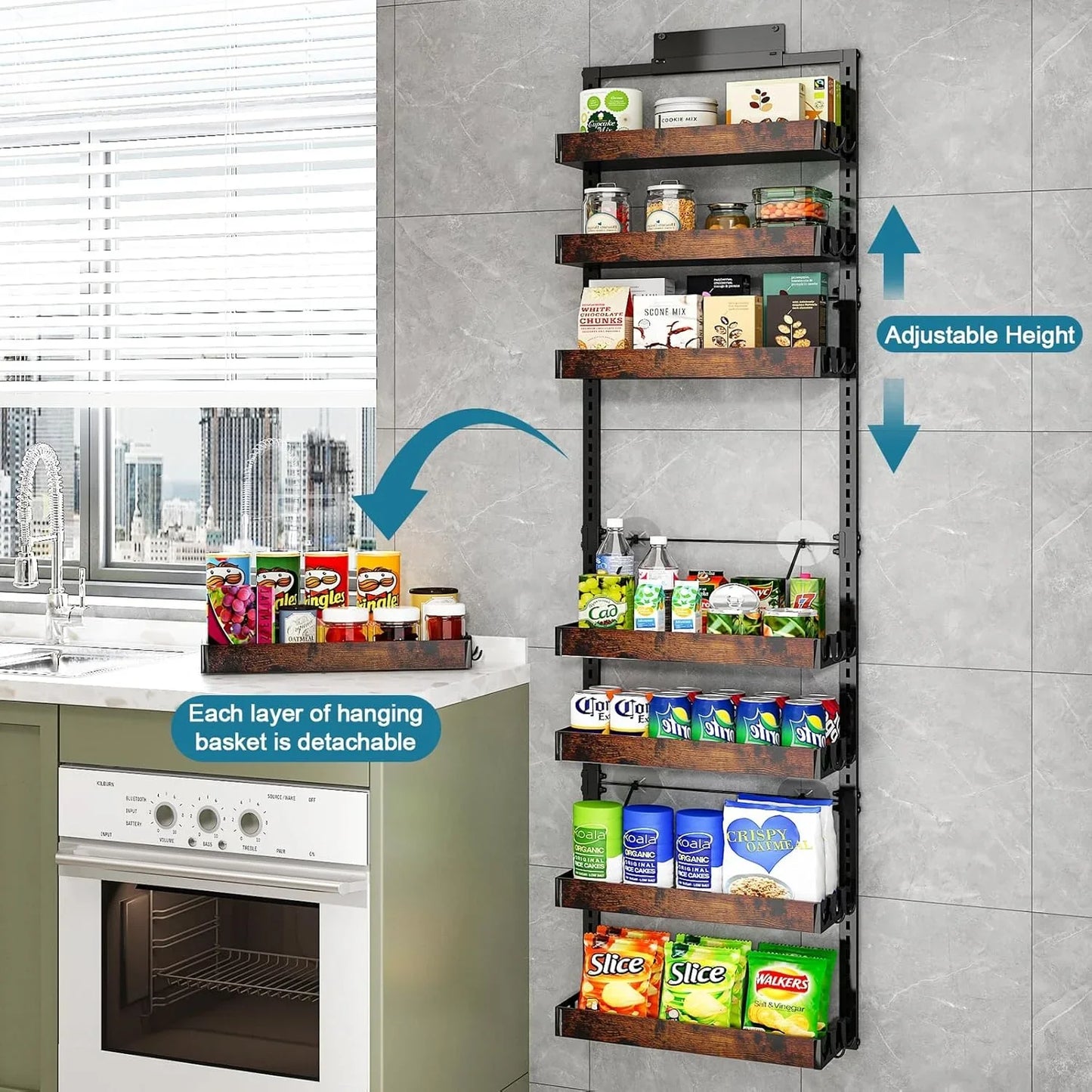 over the Door Pantry Organizer, 8-Tier Adjustable Wooden Basket Kitchen Pantry Door Organization and Storage, 2 in 1 Wall Mount or Hanging Heavy-Duty Metal Hanging Kitchen Spice Rack, 1 Pack