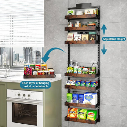over the Door Pantry Organizer, 8-Tier Adjustable Wooden Basket Kitchen Pantry Door Organization and Storage, 2 in 1 Wall Mount or Hanging Heavy-Duty Metal Hanging Kitchen Spice Rack, 1 Pack