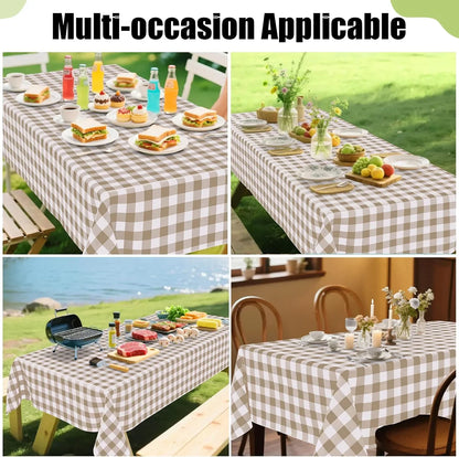 Rectangle Table Cloth, Waterproof Vinyl Tablecloths with Flannel Backing, Wipeable Buffalo Plaid Table Cover for Picnic, Indoor and Outdoor (Khaki & White, 60"X84")