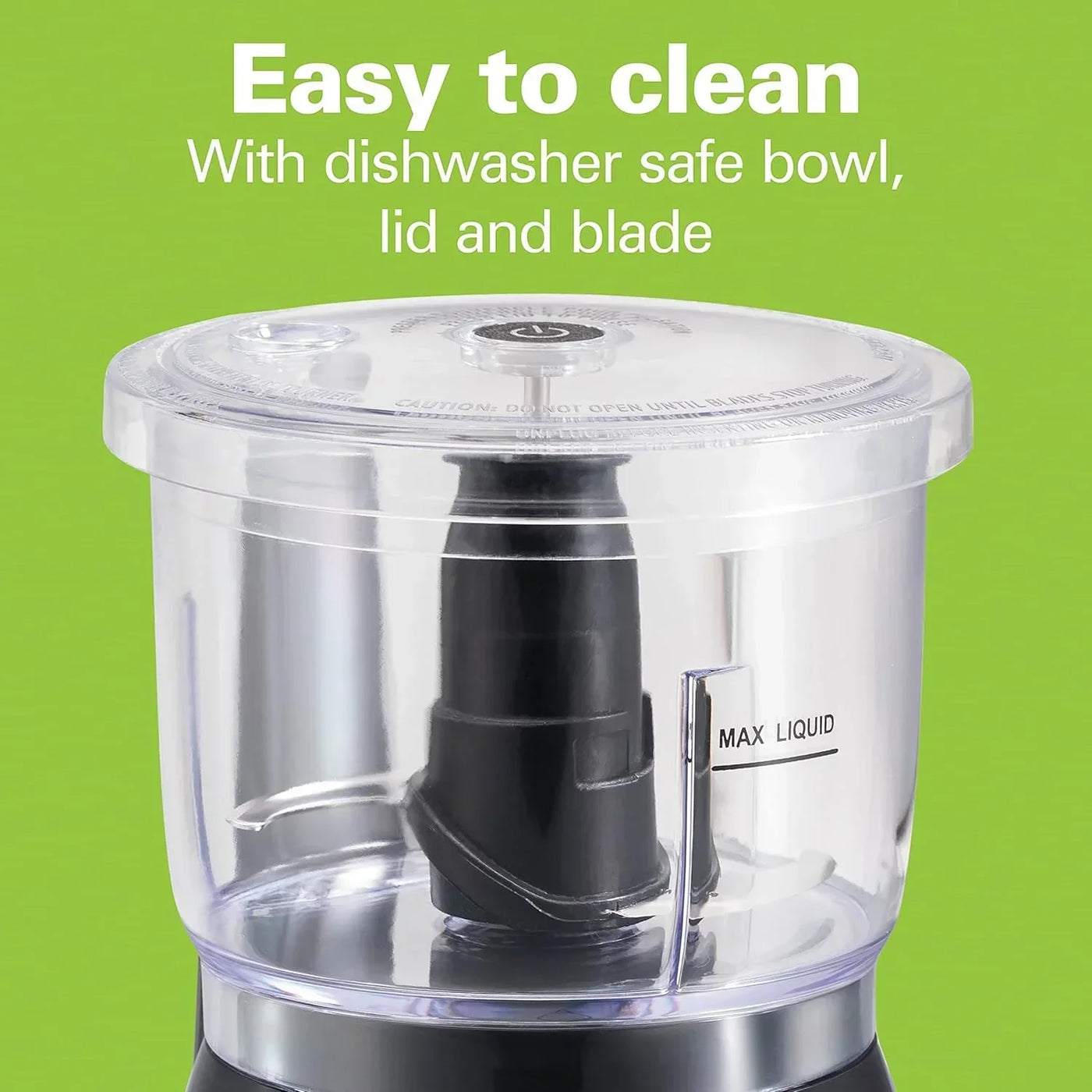 Dishwasher safe food chopper with clear bowl, black blade, and max liquid line for easy kitchen prep