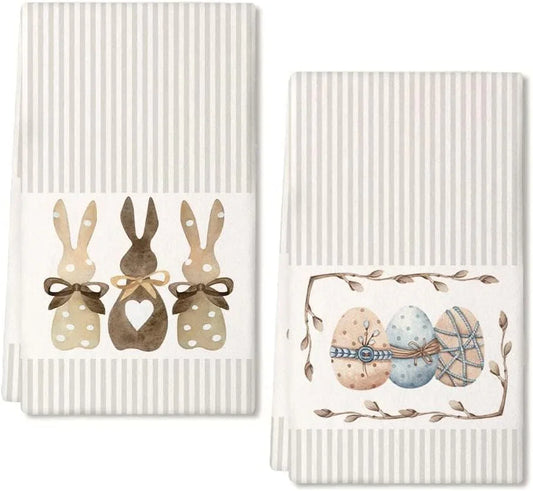 Easter Kitchen Towels Beige Bunny Dish Cloths 18X26 Inch Ultra Absorbent Bar Drying Cloth Eggs Hand Towel for Kitchen Bathroom Party Easter Decorations Set of 2