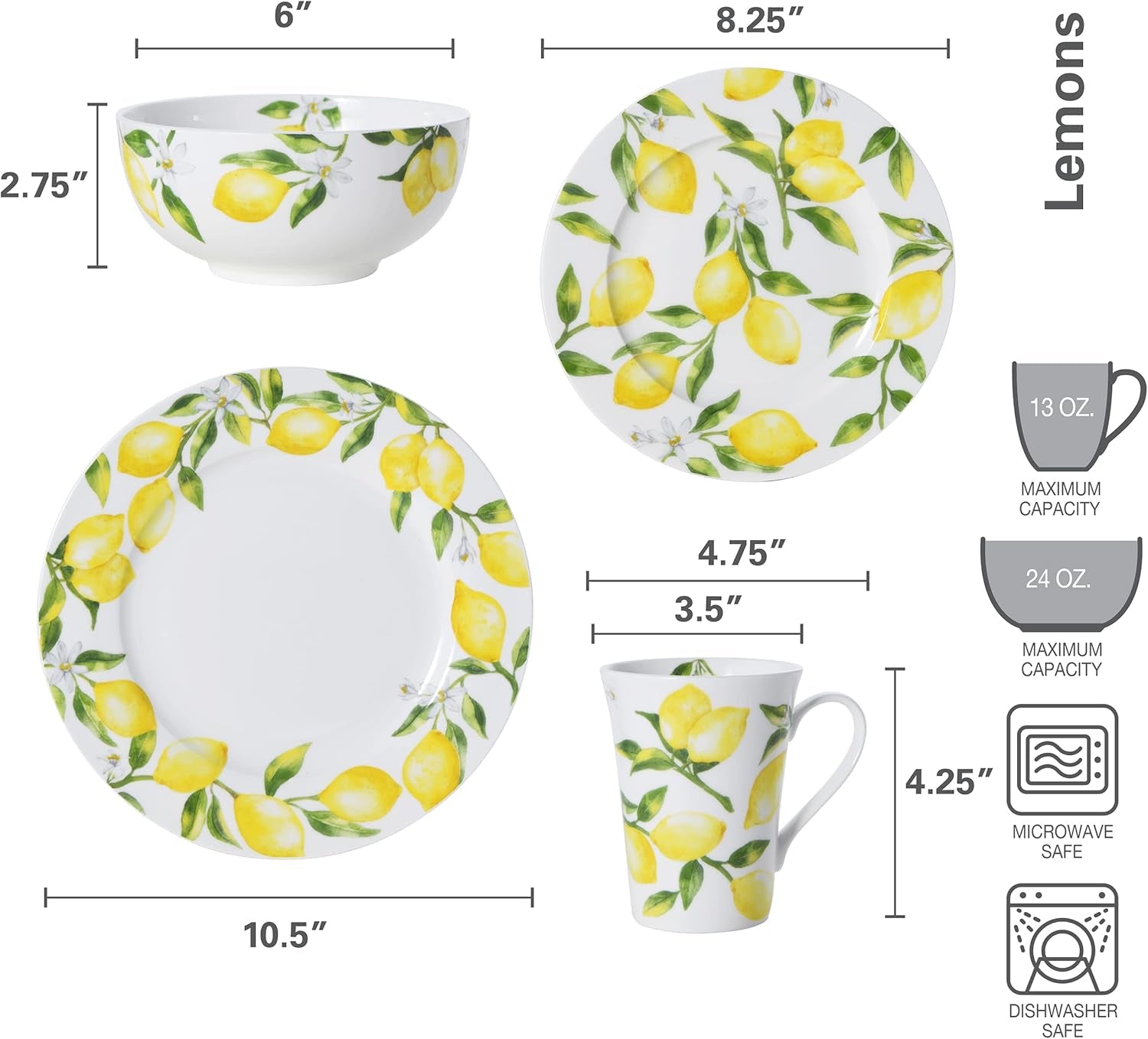 Lemons 16-Piece Dinnerware Set, Service for 4, Multicolor