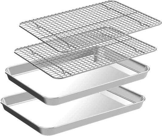 Quarter Sheet Pan with Cooling Rack Set [2 Baking Sheets + 2 Baking Racks],  Stainless Steel Cookie Sheets for Baking and Wire Rack - Rust & Warp Resistant & Nonstick, Size 12 X 9.8 X 1 Inch