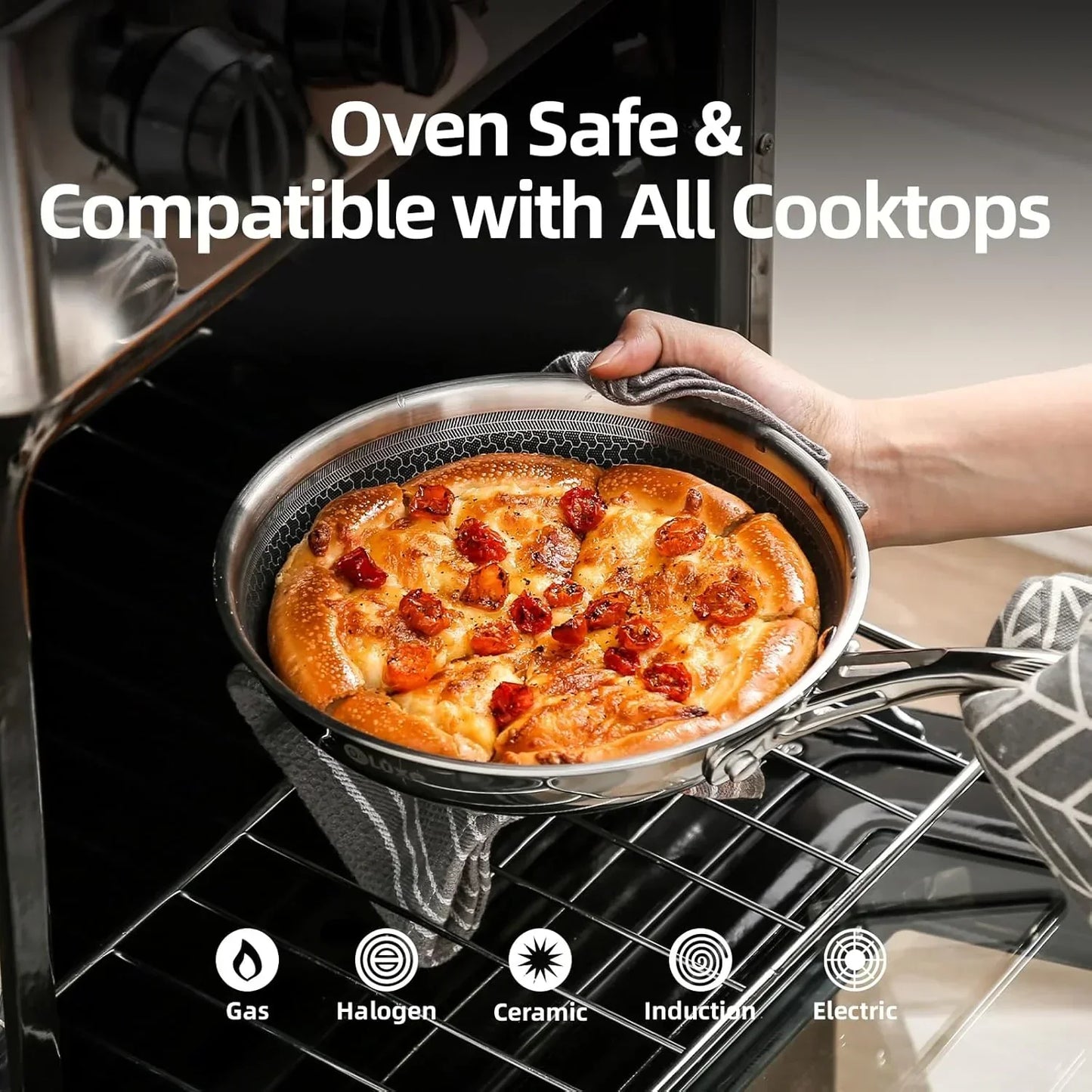 Oven-safe stainless steel pan with baked bread, compatible with all cooktops including induction and electric