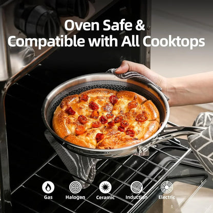 Oven-safe stainless steel pan with baked bread, compatible with all cooktops including induction and electric