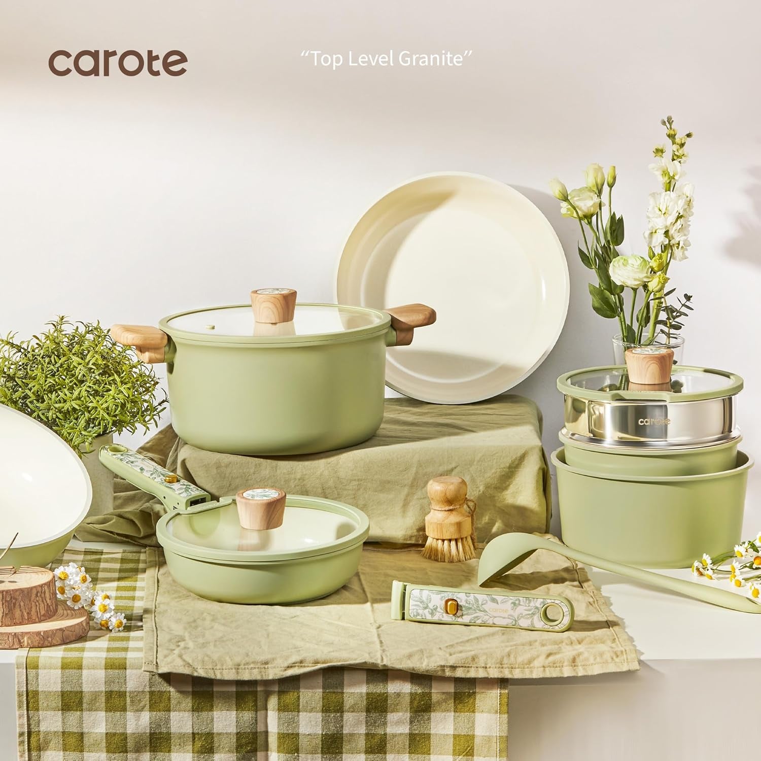 25-Piece Ceramic Cookware Set, Nonstick Pots and Pans Set with Detachable Handle, Non-Toxic Kitchen Cooking Set, Dishwasher & Oven Safe, Induction Compatible, PFAS Free, Green