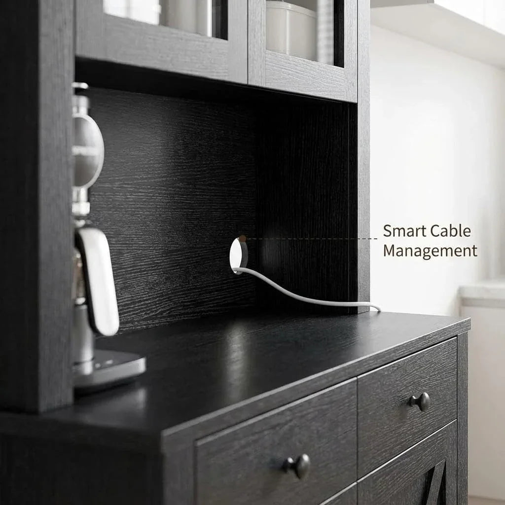 Dark wood kitchen cabinet with smart cable management hole, sleek countertop, and modern appliance storage
