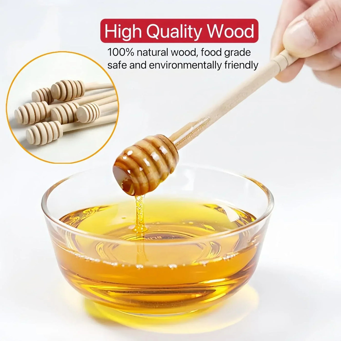 Wooden honey dipper drizzling honey into glass bowl, natural food-grade kitchen tool