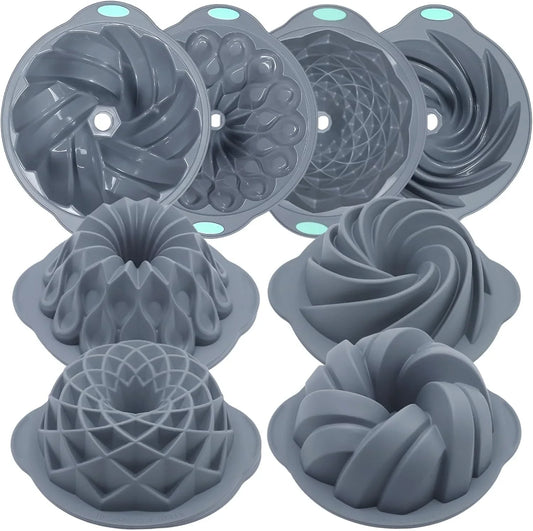4 Pieces Silicone Fluted Cake Pans, 6/7/8 Cups Tube Baking Pan, Non-Stick Kitchen Oven Baking Pans, Silicone Molds for Homemade Cake, Bread and Jello, Grey