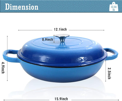 Enameled Cast Iron Dutch Oven Braiser, 3.8 Quart Enamel Skillet Pot with Lid - Heavy Duty and Dual Handles, Oven Safe Frying Pan for Family or Friends Gifts, Blue