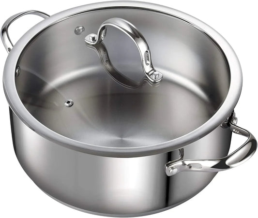 Dutch Oven Casserole with Glass Lid, 7-Quart Classic Stainless Steel Stockpot, Silver