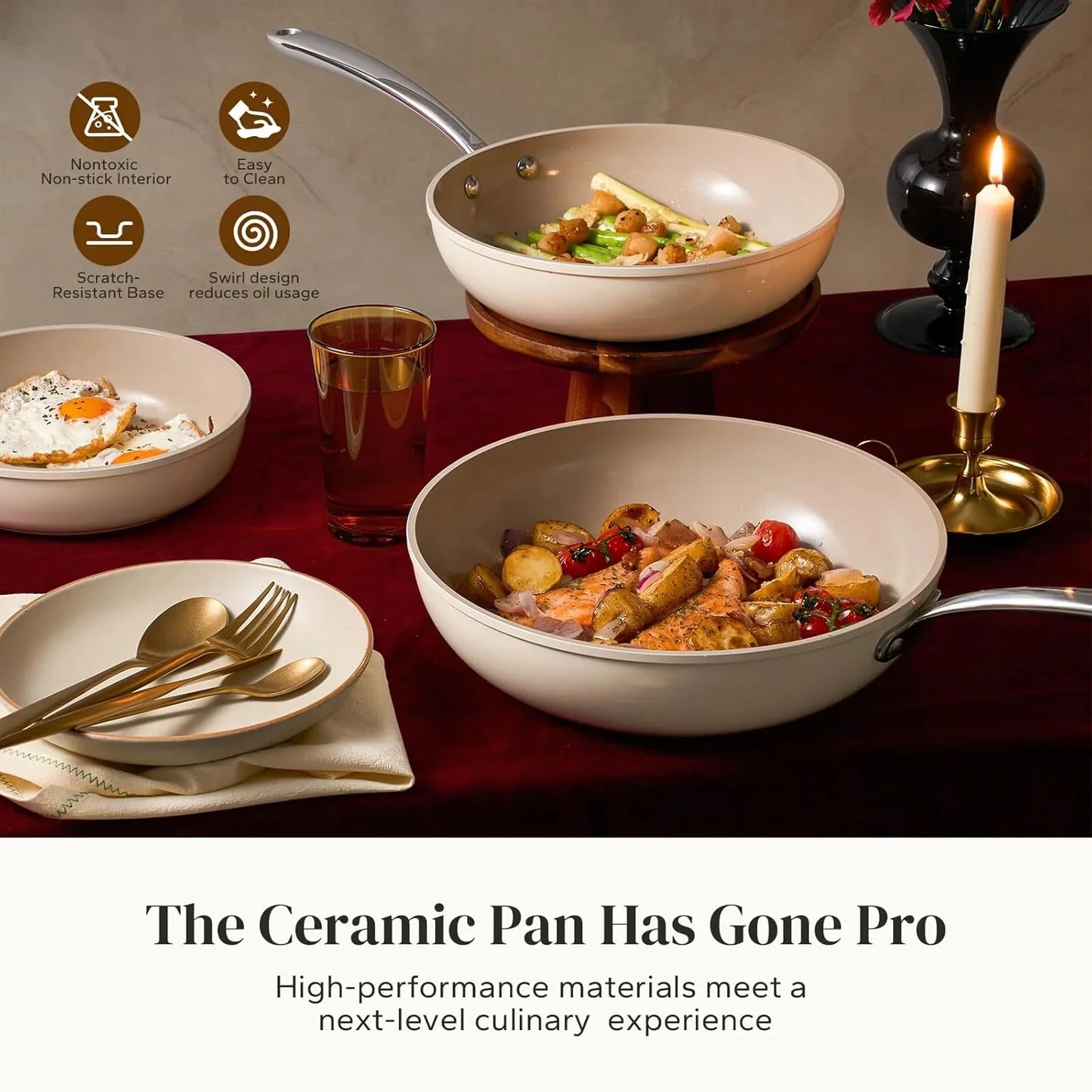 Ceramic Frying Pans, 4-Piece Non Stick Frying Pans, Non Toxic Skillet with Lid, Ceramic Cookware Set, 8" 9.5" 11" Egg Saute Pan, PFAS & PTFE & PFOA Free, Dishwasher & Oven Safe, Beige White