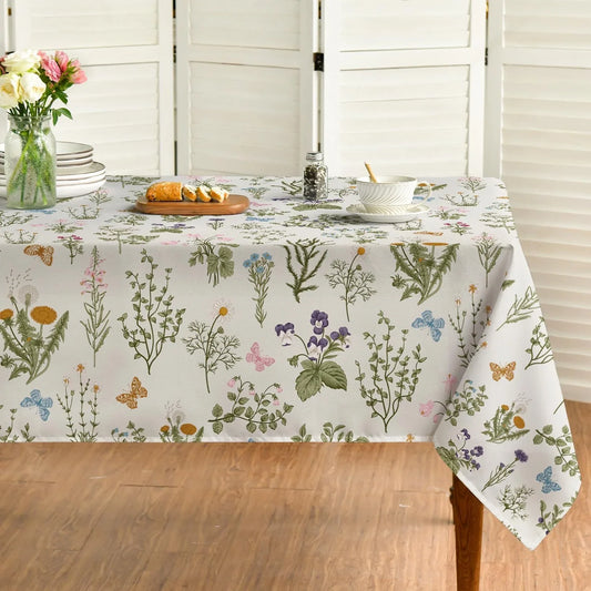 Spring Tablecloth 60×120 Inch Rectangular, Watercolor Wildflowers Floral Herbs Washable Table Cover for Party Picnic Dinner Decor