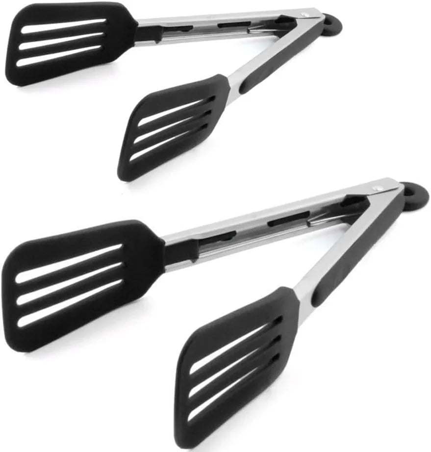 Cooking Tongs 9 Inches and 12 Inches Stainless Steel Kitchen Silicone Serving Tong Heat Resistant Meat Turner Spatula Tongs with Locking Handle Joint