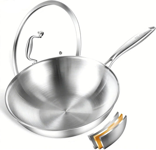 Tri-Ply Stainless Steel Woks, 12 Inch Healthy Non-Toxic Cooking Wok Pan with Lid, Wide & Deep Cookware Stir-Fry Pans, Dishwasher and Oven Safe up to 600°F, Works on Induction，Detachable Handle