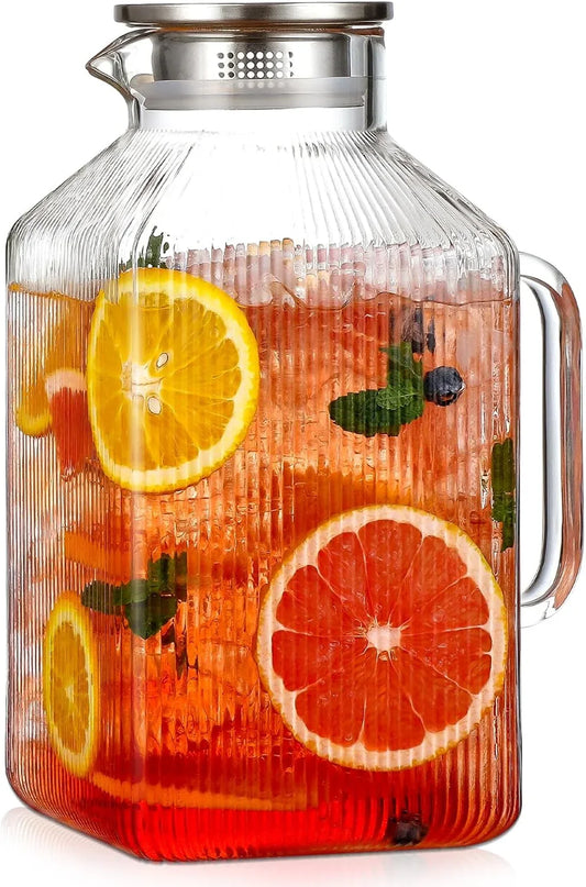 1 Gallon Thickened Square Glass Pitcher with Lid, Classic Stripes Water Pitchers for Fridge, Borosilicate Glass Carafe for Hot/Cold Brew Drink, Extra Large Jug with Handle for Iced Tea, Coffee, Juice
