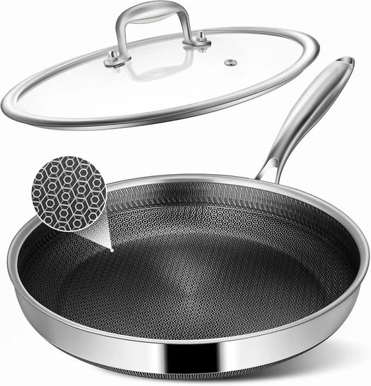 Non Stick Frying Pans, 12-Inch with Lid, Hybrid Frying Pans Nonstick Stainless Steel Skillets, Dishwasher & Oven-Safe, Stay-Cool Handle, PFOA Free Cookware, Compatible with All Cooktops