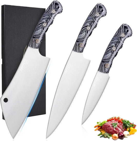 3PCS Professional Chef Knife Set, Ultra Sharp Japanese Kitchen Knife, German High Carbon Stainless Steel 8 Inch Meat Cleaver 8 Inch Chef'S Knives 5 Inch Utility Knife with Gift Box