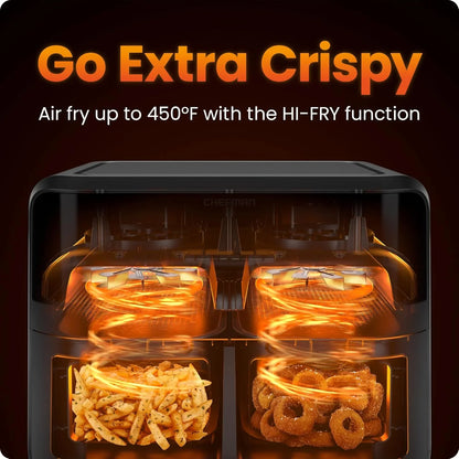 6 Quart Dual Basket Air Fryer Oven with Easy View Windows, Sync Finish, Hi-Fry, Auto Shutoff, 2 Independent 3Qt Nonstick Dishwasher Safe Frying Baskets, Digital Double Air Fryer - Black