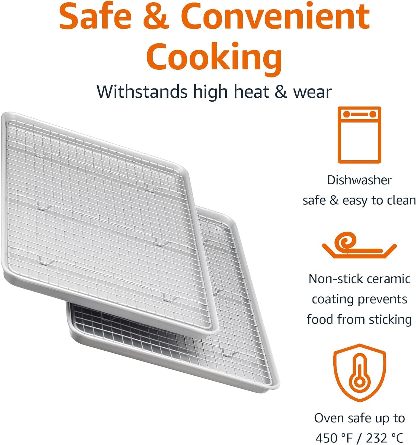Ceramic Nonstick Baking Sheets & Cooling Rack Set, Dishwasher Safe, Oven Safe, Half Sheet Size, Gray, 2-Pack