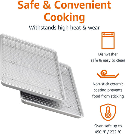 Ceramic Nonstick Baking Sheets & Cooling Rack Set, Dishwasher Safe, Oven Safe, Half Sheet Size, Gray, 2-Pack