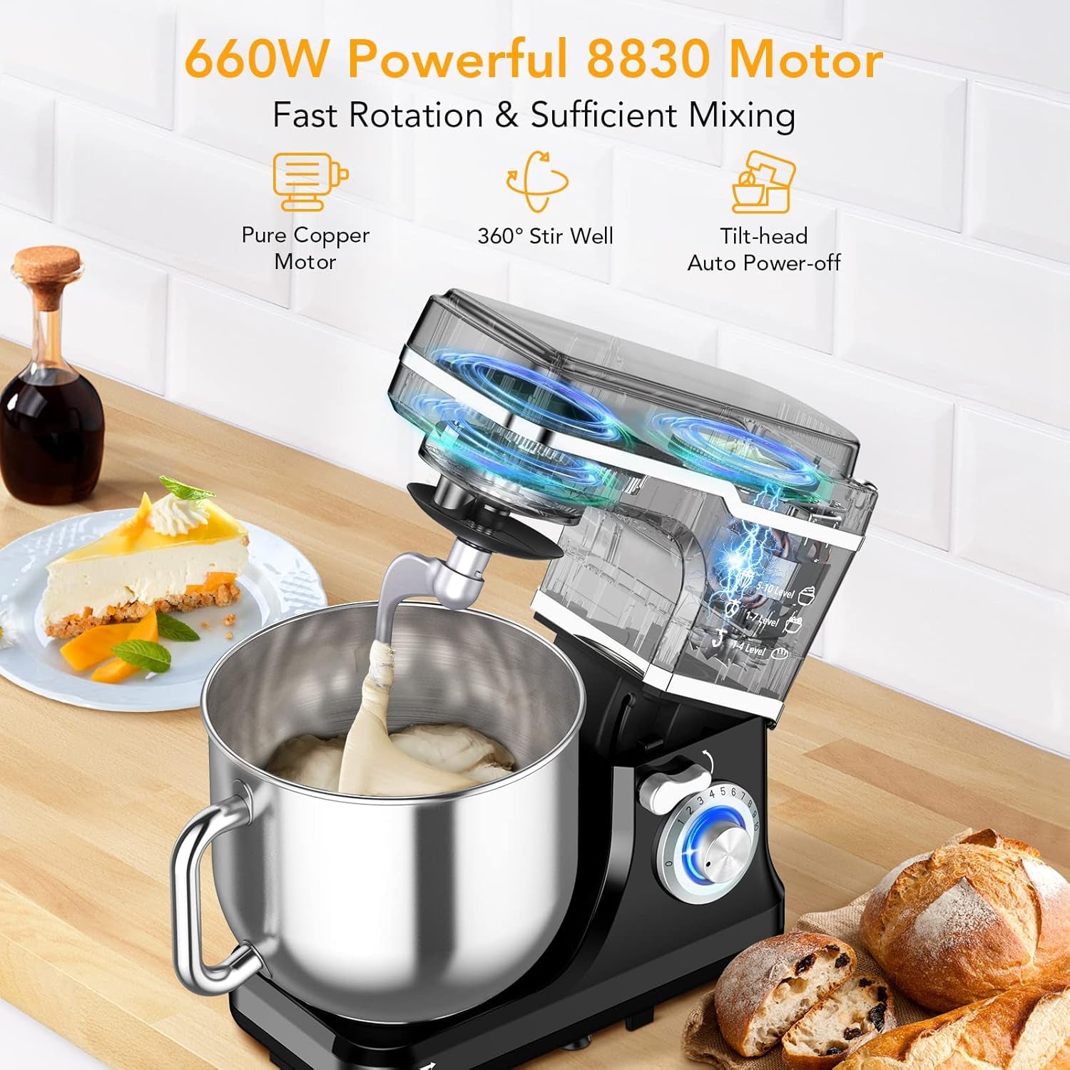 7.5 QT Stand Food Mixer, 10-Speed Tilt Head 3 In-1 Kitchen Electric Mixer with Stainless Steel Bowl, Egg Whisk, Dough Hook, Beater, Splash Guard, Compact Dough Mixer for Home Cooks, Black