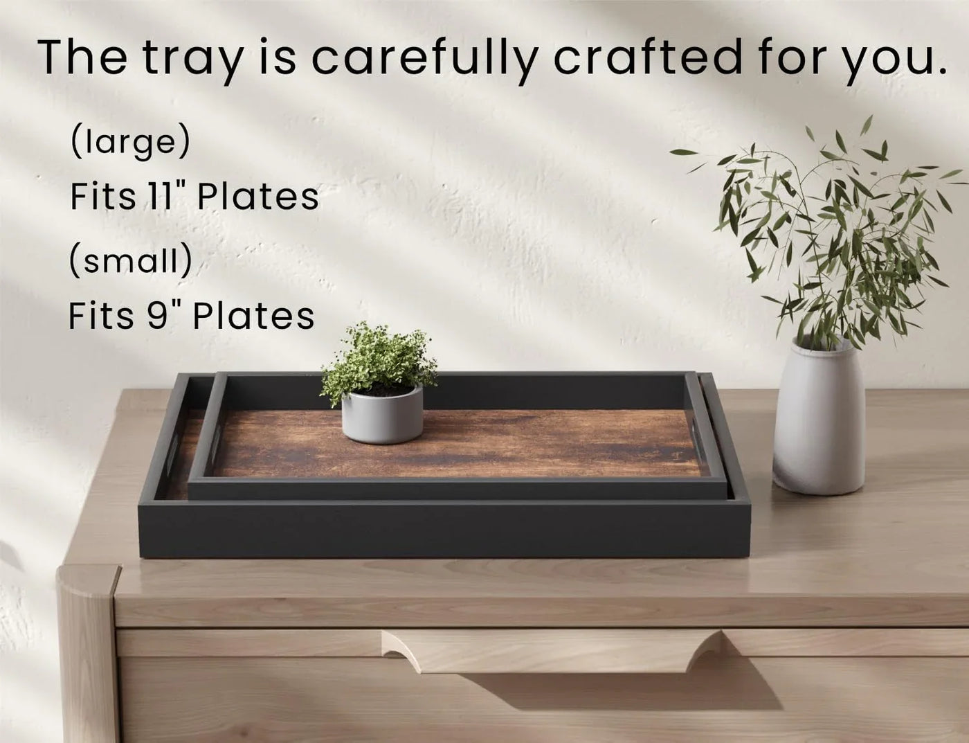 Set of 2 Wooden Serving Tray with Handles,Decorative Trays Platter,Breakfast Tray in Bed,Large Coffee Table Tray，Food Drinks Trays for Eating,Working,Storing