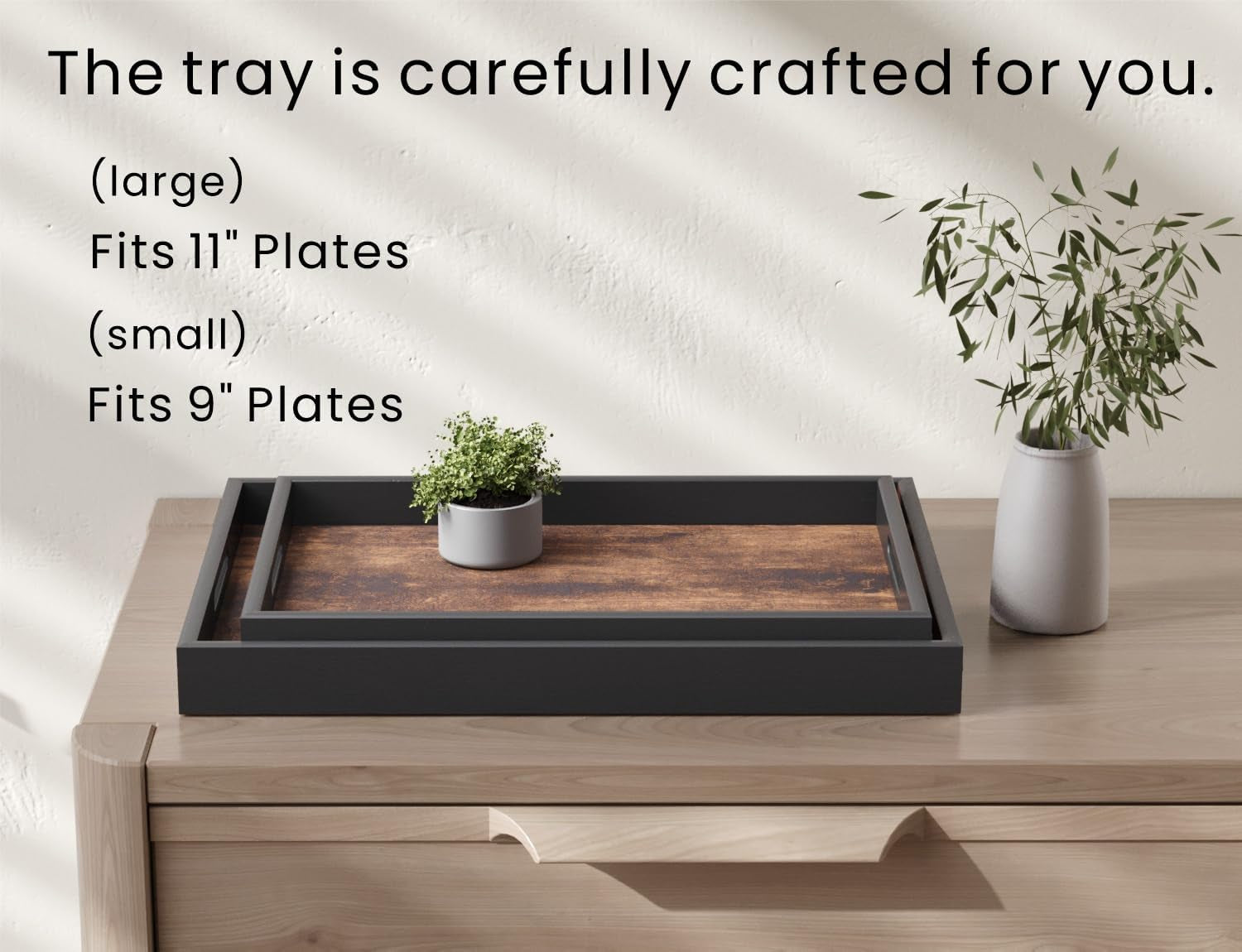 Set of 2 Wooden Serving Tray with Handles,Decorative Trays Platter,Breakfast Tray in Bed,Large Coffee Table Tray，Food Drinks Trays for Eating,Working,Storing
