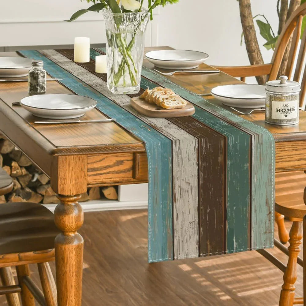 Green Retro Rustic Wood Texture Table Runner, Seasonal Spring Kitchen Dining Table Decoration for Home Party Decor 13X72 Inch