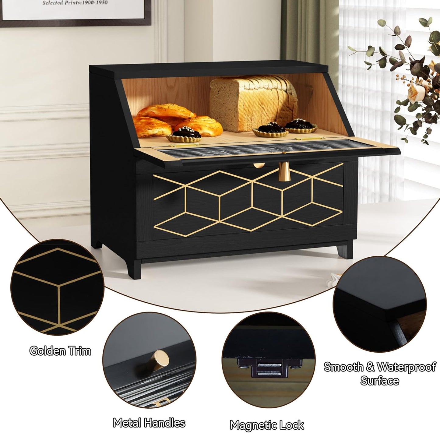 Double Layer Bread Box with Golden Trim for Countertop, Wooden Bread Container for Kitchen Counter, Corner Bread Storage (Black1)